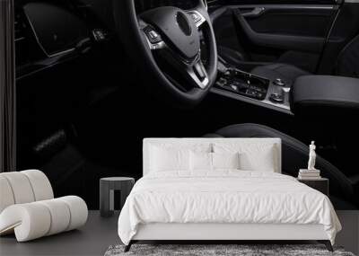 Luxury car  black interior. Steering wheel, shift lever and dashboard.	
 Wall mural