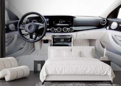 Luxury car interior. Steering wheel, shift lever and dashboard. white leather interior with black dashboard. on an isolated white background Wall mural