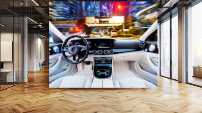 view from inside the modern white car interior, view of the road in the night city. Wall mural