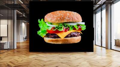 Big tasty hamburger or cheeseburger isolated on black background with grilled meat, cheese, tomato, bacon, onion. Burger closeup Wall mural