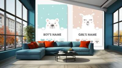 A set of children's posters, height, weight, date of birth. Bear, Lama. Vector illustration on mint and pink background. Illustration newborn metric for children bedroom. Wall mural