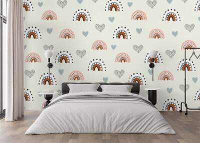 Seamless pattern with rainbow, hearts  in the sky Wall mural