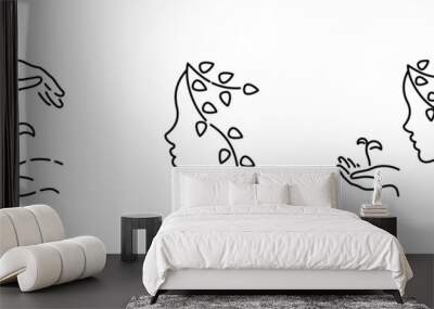 Female head and hands with flower sprout hand-drawn line art illustration drawing in minimalism style  Wall mural