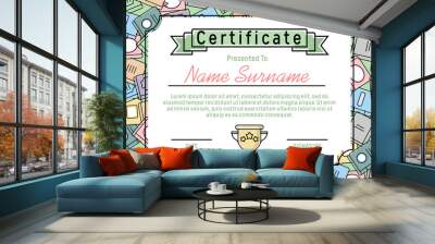 Children's certificate with colorful books and gold champion cup, education and knowledge concept. Template for diploma, diploma, gratitude in horizontal format. Vector illustration Wall mural