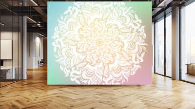 Round mandala on dreamy of solar gradient background. Translucent mesh pattern in the form of a mandala with floral patterns. Yoga template Wall mural