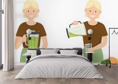 Young smiling girl makes a drink in a juicer and pours the drink into a glass. Two pictures. Vector flat illustration isolated on white background Wall mural