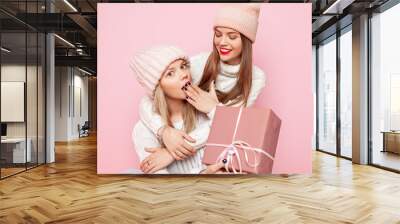 Two cute woman with red lips and hats giving gifts for a holiday. Concept Christmas and New Year. Pink background Wall mural