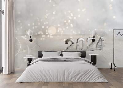 happy new year 2024 background new year holidays card with bright lights,gifts and bottle of hampagne Wall mural