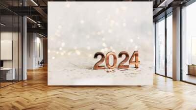 happy new year 2024 background new year holidays card with bright lights,gifts and bottle of hampagne Wall mural