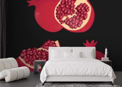 Flat vector set of sliced and whole pomegranates. Organic and tasty fruit full of juicy seeds. Natural food. Wall mural