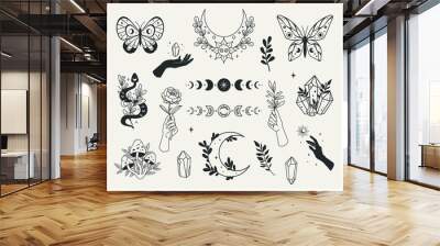 Set of mystical forest elements - moon phases, crystals, witchy hands, snake, mushrooms, floral moon, butterflies, twigs. Vector with a slotted pattern. This collection will be great for design of mys Wall mural