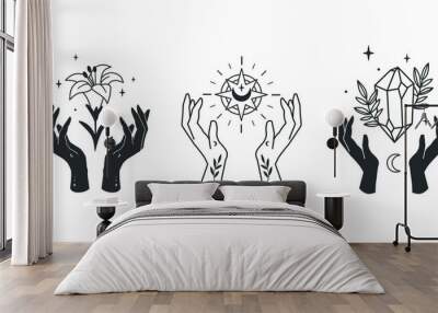 Set of pairs of hands with various magical and celestial elements. Vector illustration  Wall mural