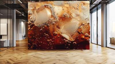 Cola with ice. Close-up of ice cubes in cola water. Texture of a carbonated drink with bubbles in the glass. Cola soda and ice splash fizzy or float on the surface. Cold drink background.  Wall mural