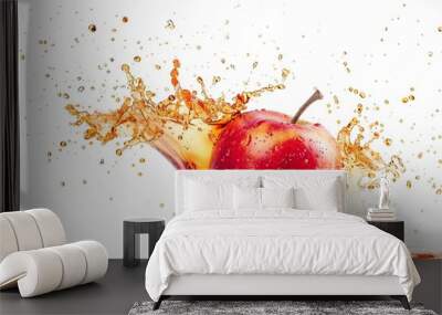 Fresh red apple with apple cider vinegar or juice splash isolated on white background.  Wall mural