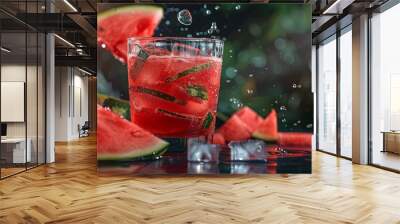 Fresh watermelon juice with ice in a glass. Slices of watermelon on the table. Fresh watermelon juice with ice in a glass.  Wall mural