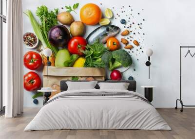 Healthy eating. Healthy food in a paper bag of fish, vegetables and fruits on white. Grocery supermarket concep Wall mural