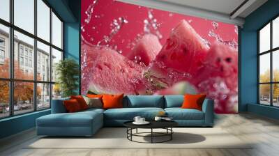 Super slow motion of fresh watermelon slices falling into water against a red background at 1000 frames per second.  Wall mural