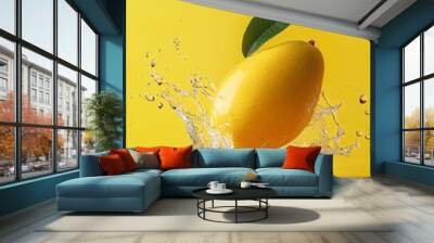 Super slow motion shot of a mango falling and splashing into water against a yellow background at 1000 frames per second.  Wall mural