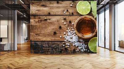 Top tequila served with lime and salt on a wooden table with pepper Wall mural