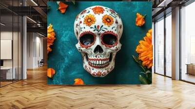 Dia de los muertos festive background with colorful sugar skull and marigold flowers top view for creative designs Wall mural