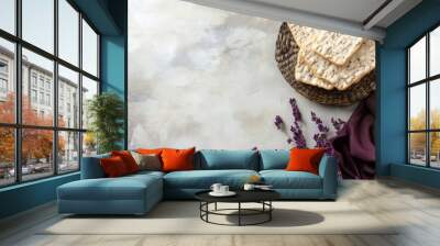 Yom kippur background with lavendar, matzah, and wine in a serene setting Wall mural