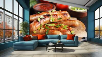 Delicious sausages on a wooden board with various sauces and fresh vegetables on a wooden table. c Wall mural