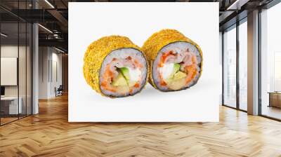 Two pieces of tempura maki sushi rolls with cream cheese, avocado and shrimp isolated on white background Wall mural