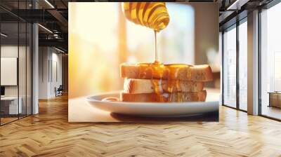 three delectable honey-drizzled toasts on a white plate in a modern, sunlit kitchen Wall mural