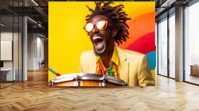 A joyful carnival-goer playing a samba drum, love and creativity with copy space Wall mural