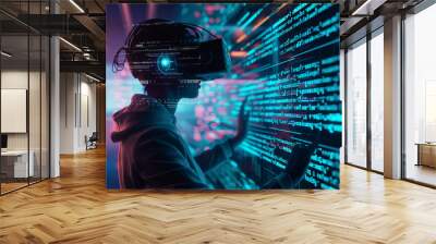 A programmer surrounded by virtual reality code, creating a dynamic and immersive scene that showcases the fusion of technology and imagination in software development, with copy s Wall mural