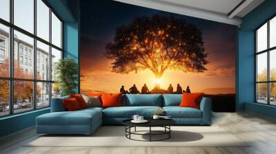 Animals and people gather under a glowing tree that grants peaceful dreams and hopes to all who rest beneath it – A tranquil moment of miracle and care, showing the power of love t Wall mural