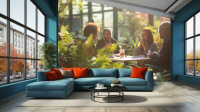 Employees gathered on an outdoor office patio, sipping coffee amidst greenery and fresh air, vibrant morning light, left third copy space. Harmony, Responsibility, Joy Wall mural