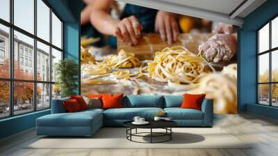 Parents and children making homemade pasta from scratch, rolling out dough and shaping it into noodles Wall mural