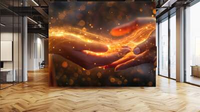 Witch laying hands on a person, radiant energy flowing between them, right third copy space Wall mural