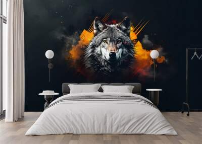 An intense mystical wolf image against a backdrop of fiery smoke and a black background Wall mural