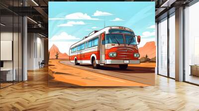 An old bright tourist bus on the road in the desert. Wall mural