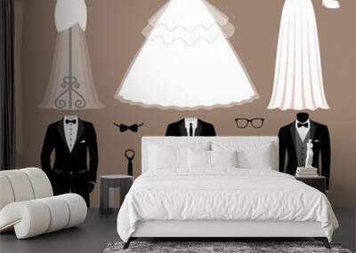 Wedding card with the clothes of the bride and groom. Wedding se Wall mural