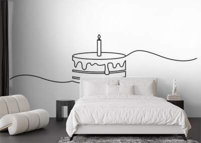 Birthday cake in continuous line art drawing style. Traditional cake candle black linear sketch. Vector illustration. Wall mural