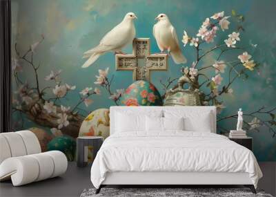 Easter art with crosses, doves. Happy easter. Easter concept Wall mural