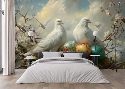 Easter art with crosses, doves. Happy easter. Easter concept Wall mural