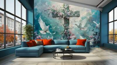 Easter art with crosses, doves. Happy easter. Easter concept Wall mural