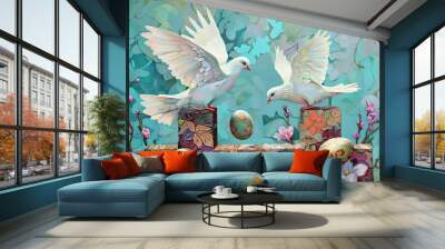 Easter art with crosses, doves. Happy easter. Easter concept Wall mural