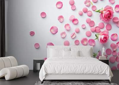 Rose pills scattered on a white background. Treatment of coronavirus Wall mural