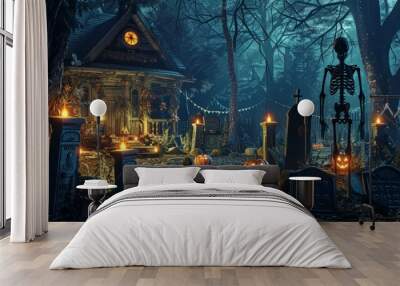 Skeleton yard with haunted ambiance and gravestones for Halloween decor Wall mural