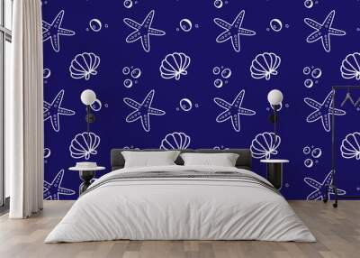 Cheerful marine pattern with sea stars and shells on dark blue background Wall mural