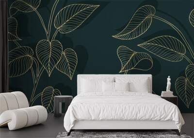 Luxury vector illustration on a dark green background with golden branches with leaves for wallpapers, backgrounds, presentations, designs Wall mural