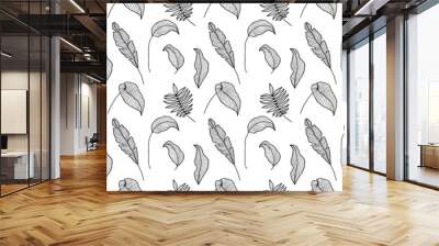 Vector seamless black and white pattern with banana leaves, palm leaves, twigs for textile, print, wallpapers, backgrounds
 Wall mural