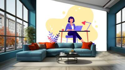 Office worker. Businesswoman is sitting at the desk and working on the laptop. Flat vector concept illustration isolated on white. Wall mural