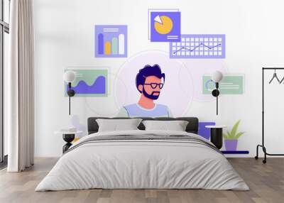 Office worker. Man is working at his laptop and the infographics on the background. Blue, green, yellow. Isolated flat vector illustration. Wall mural