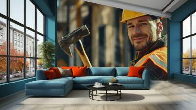 A construction worker in a bright yellow hard hat and reflective vest, holding a hammer, smiling confidently at the camera on a construction site. Wall mural